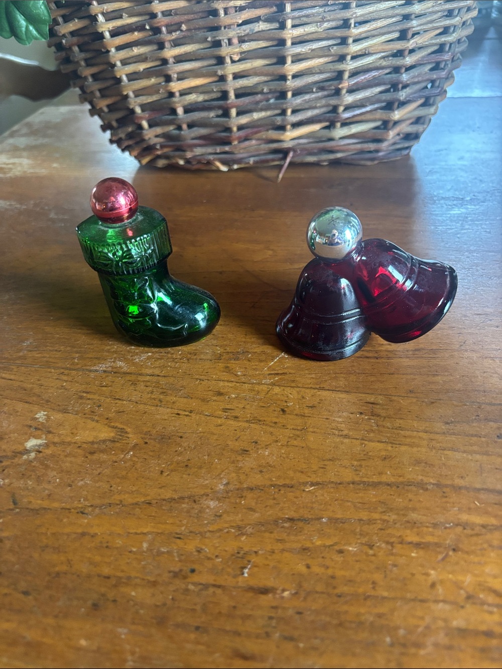 Vintage Avon Glass Christmas Boot and Bells Set - Green & Red